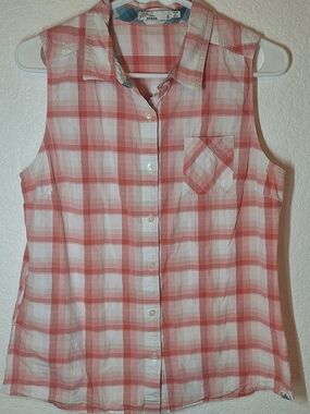 prAna Coral Orange Plaid Sleeveless Button Down Shirt Size S Organic Cotton